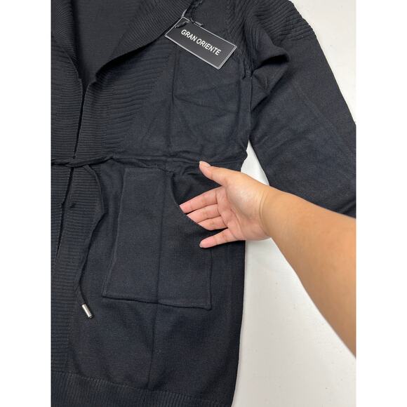 Women's Medium Black Long Sleeve Open Front Hoodie Knit Sweater Cardigan Outwear - Picture 6 of 12